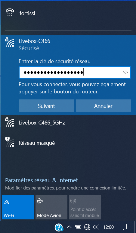 Saisie de la clé de sécurité pour se connecter au réseau