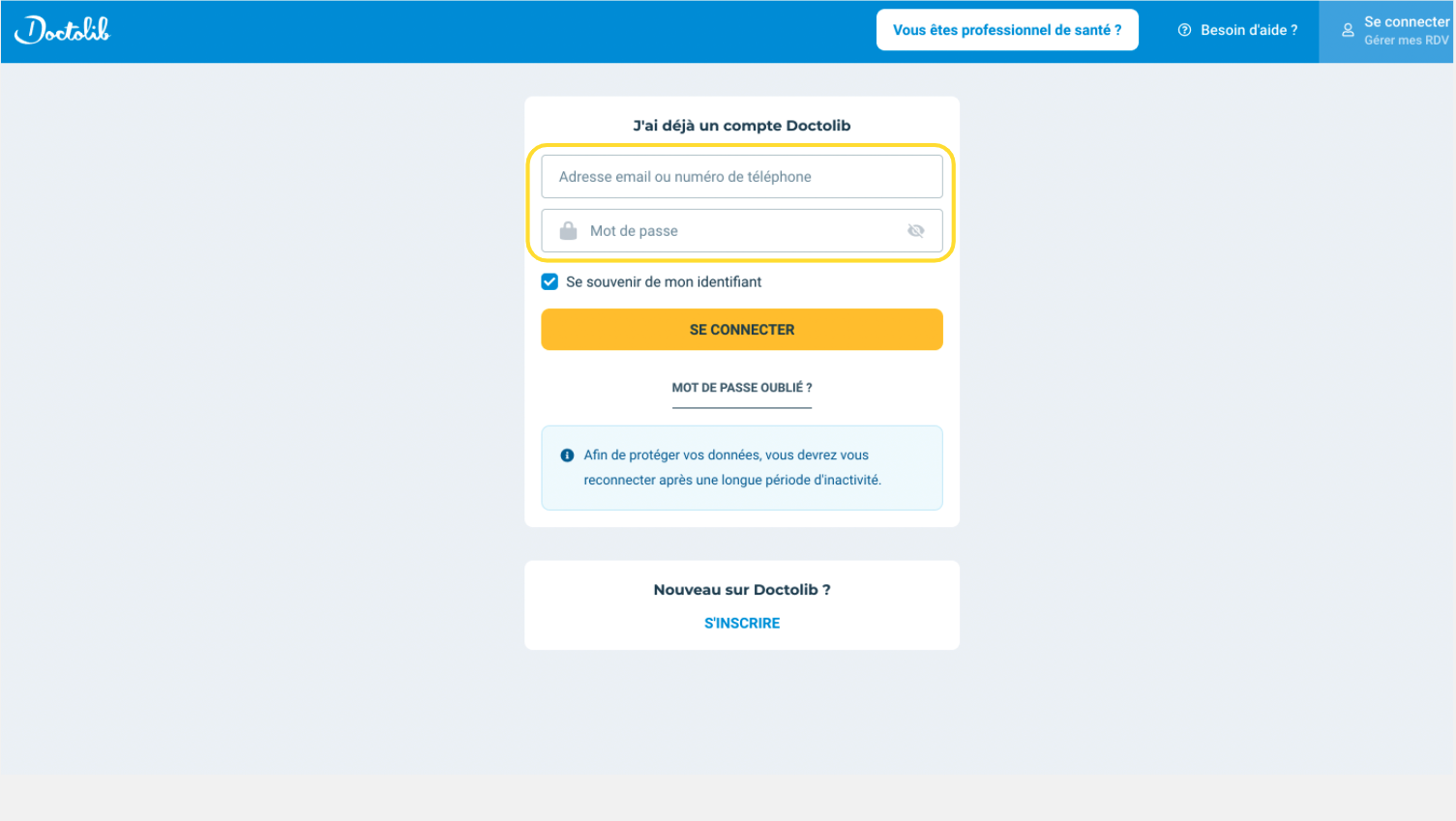 Formulaire de connexion à votre compte Doctolib