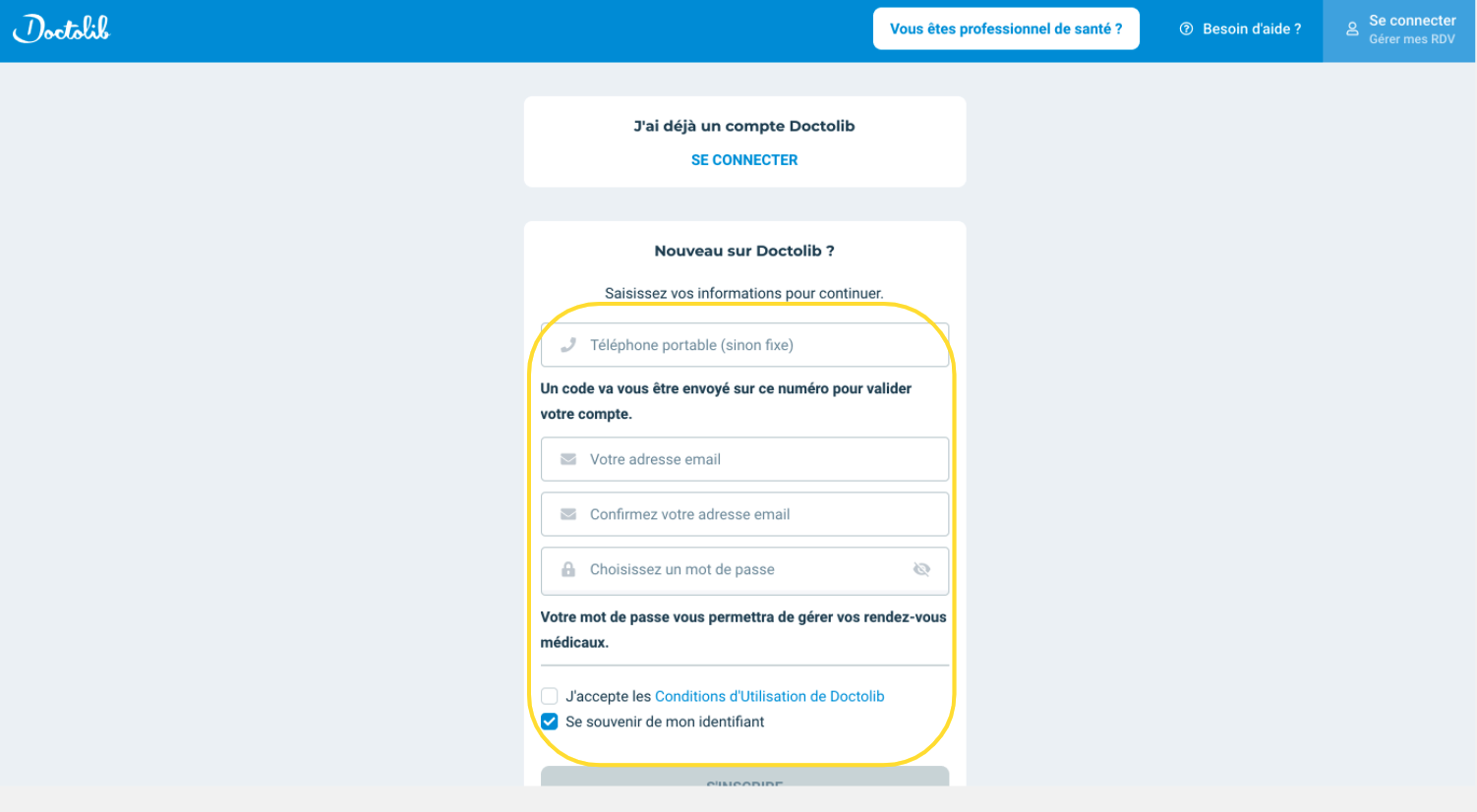Formulaire de création de compte sur le site Doctolib
