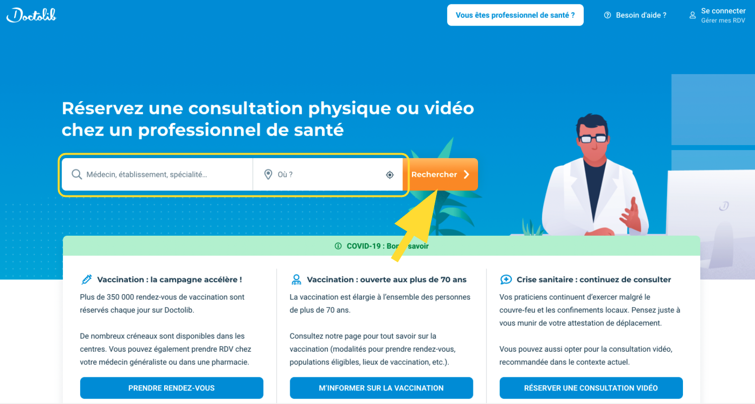 Page avec le bouton pour cliquer sur recherher pour trouver un praticien près de chez vous