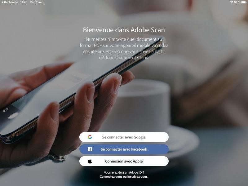 Page de connexion à l'application Adobe Scan