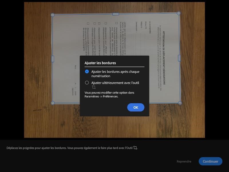 En mode formulaire, choix pour ajuster les bordures après chaque numérisation ou ultérieurement