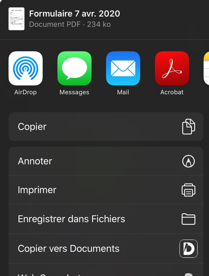 Fenêtre de partage du document sur iOS