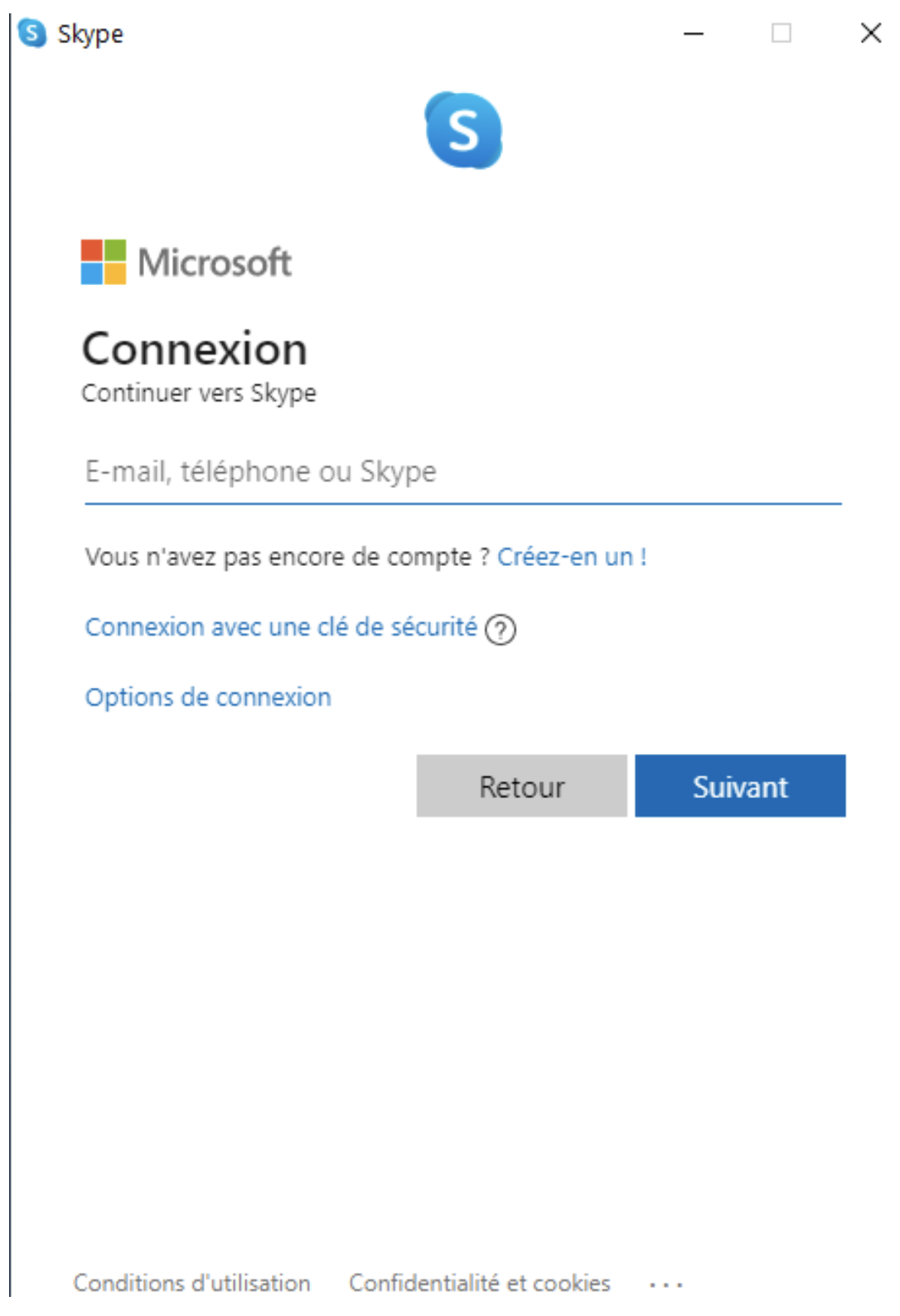 Fenêtre de connexion de Skype avec champ pour renseigner son identifiant