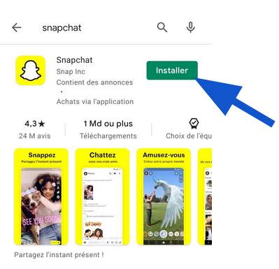 Page d'installation de l'application Snapchat sur Google Play