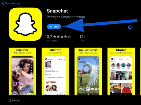 Page d'installation de Snapchat sur l'App Store