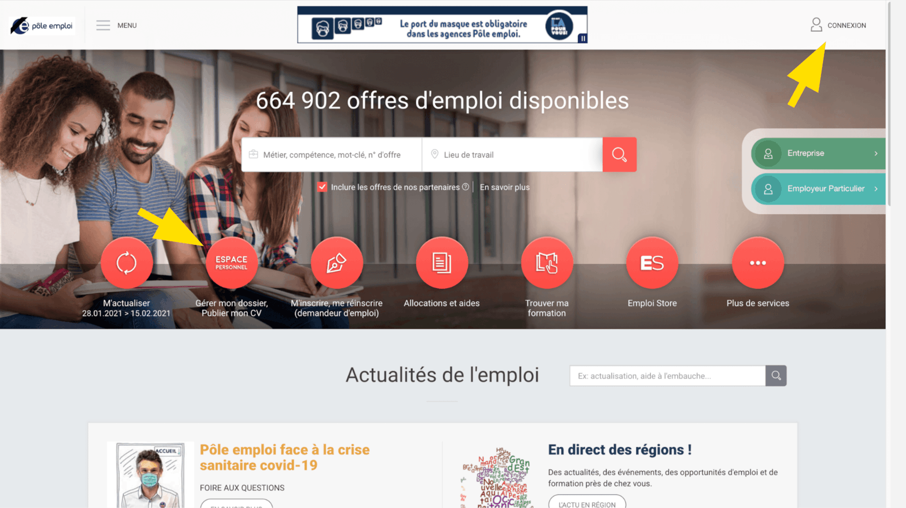 Page d'accueil de Pôle Emploi