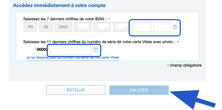 Champs pour renseigner les deniers chiffres de votre IBAN et de la Carte vitale