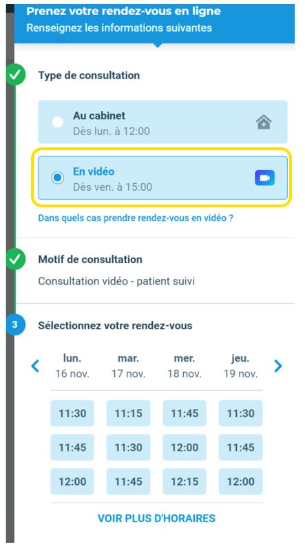 Fenêtre pour sélectionner un rendez-vous vidéo