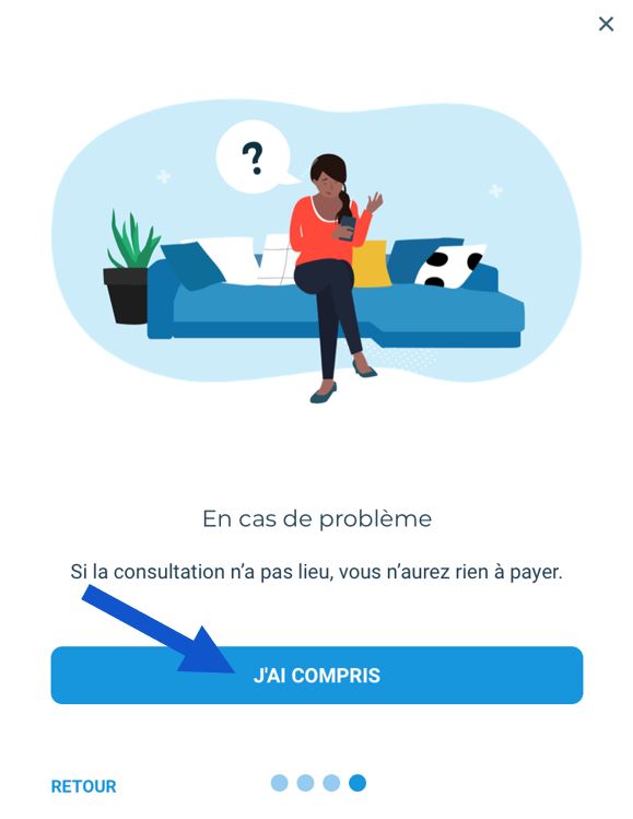 Bouton pour confirmer que vous n'aurez rien à payer si la consultation n'a pas lieu