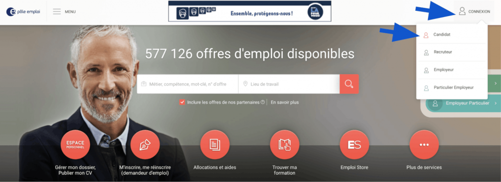 Page d'accueil de Pôle Emploi