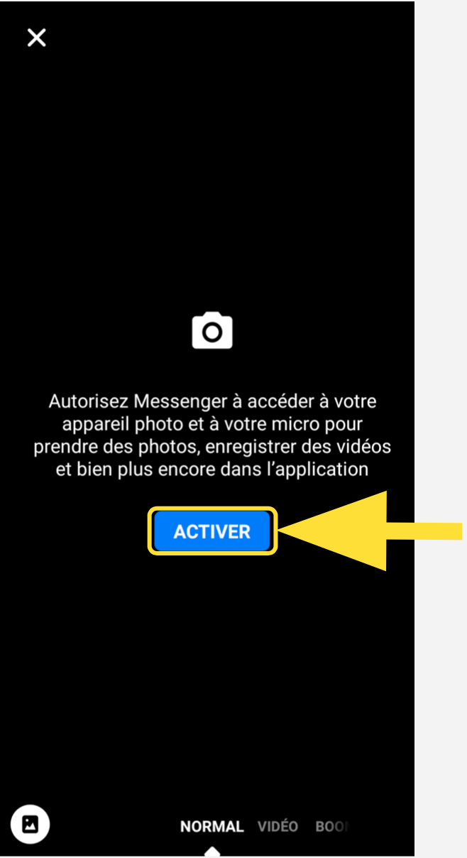 Bouton pour autoriser l’application à accéder à la camera