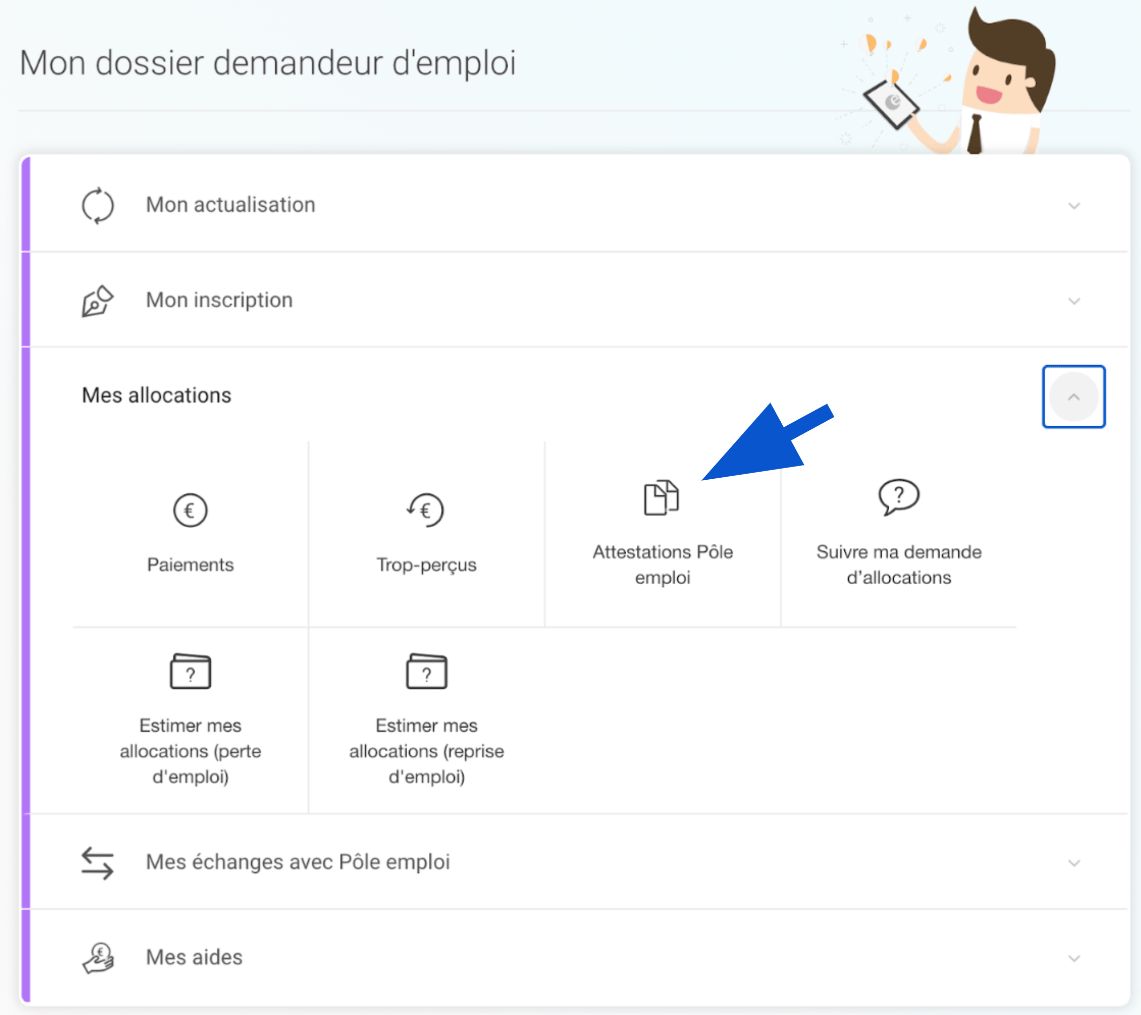 Sous menu demande d'attestations Pôle emploi