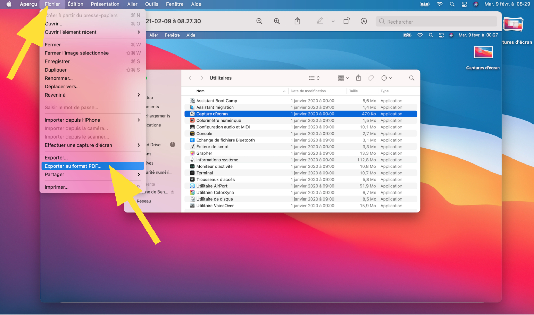 Accéder à l'option de transformation d'un capture en fichier PDF