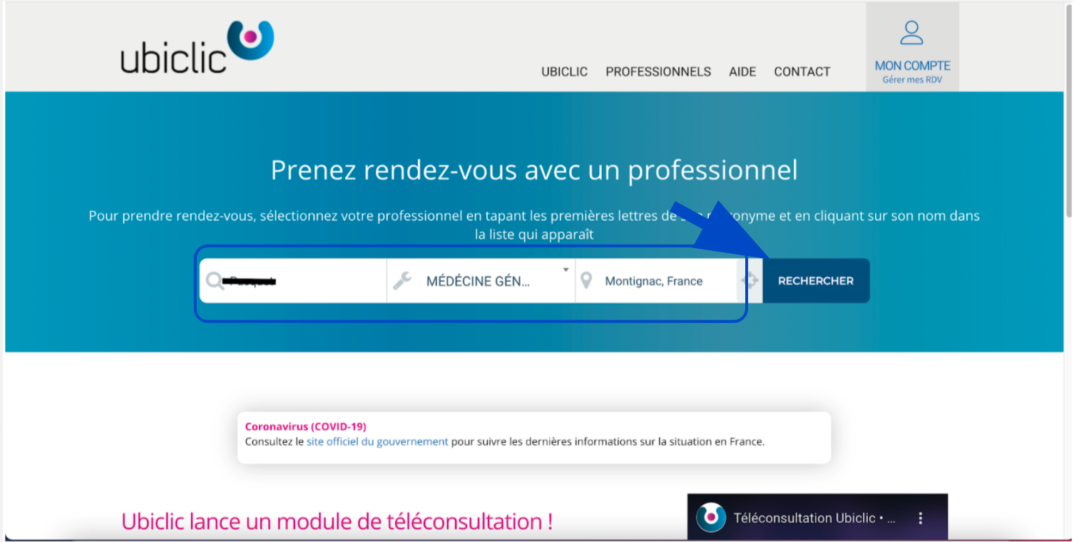 Champ pour rechercher un professionnel de santé