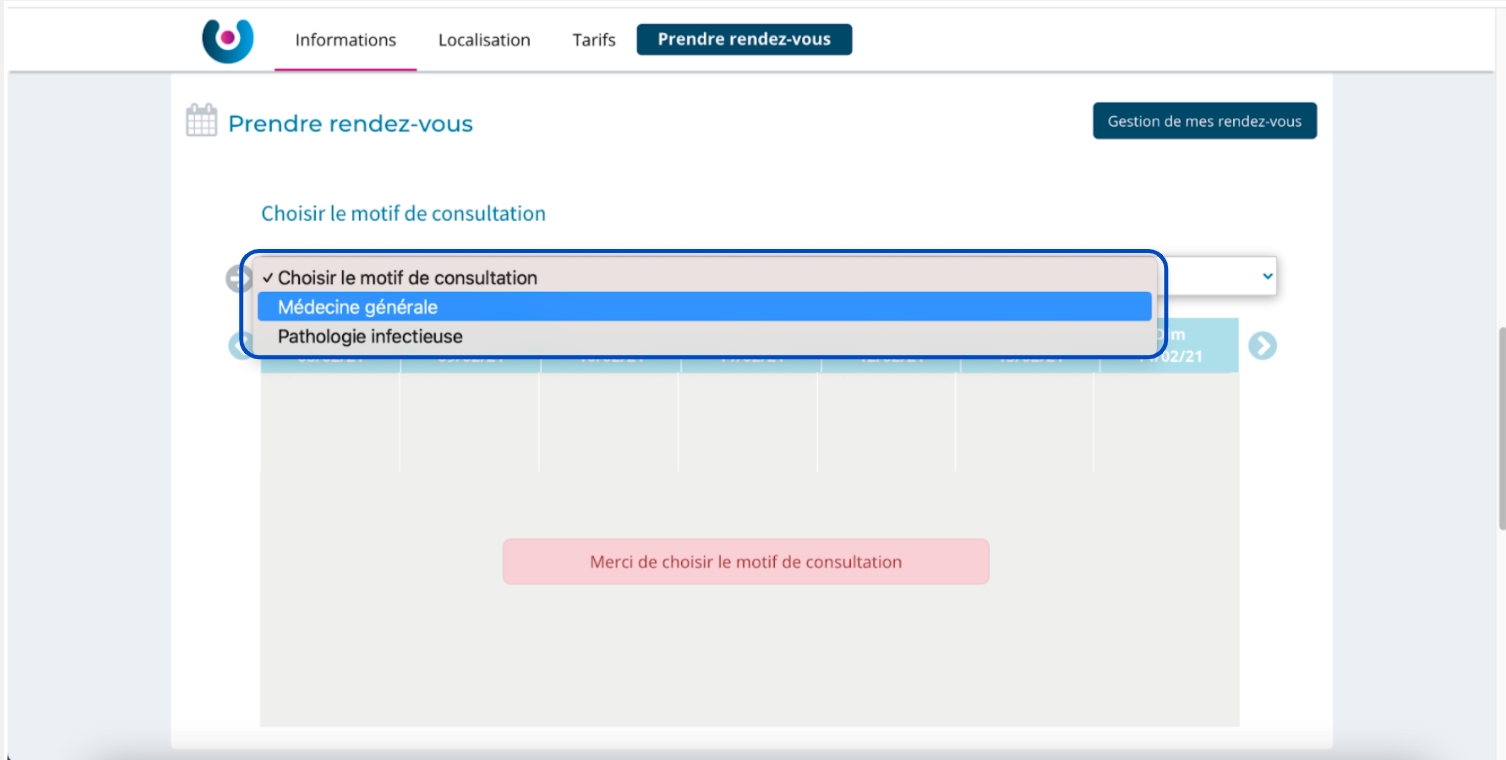 Choix du motif de consultation