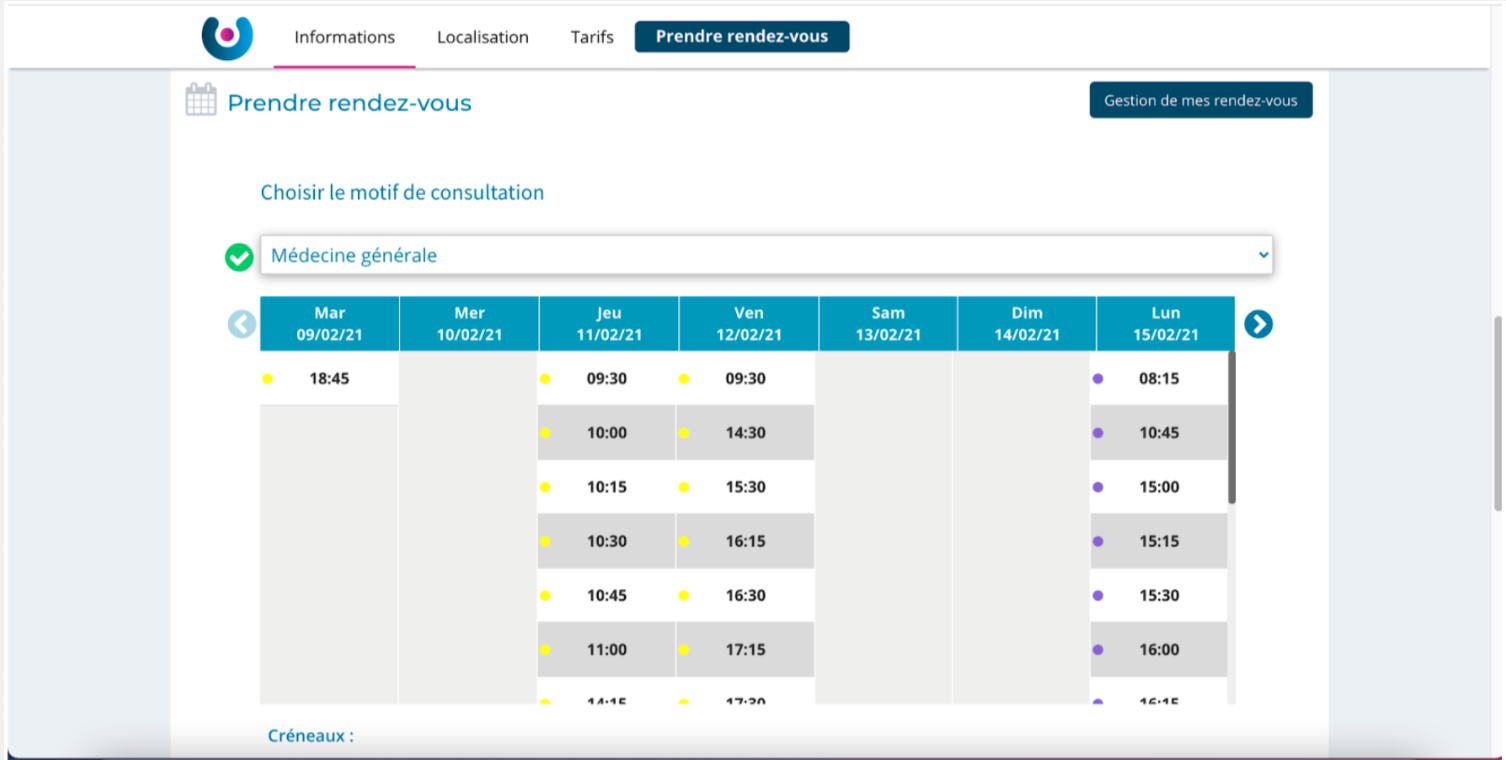 Fenêtre pour choisir le créneau horaire