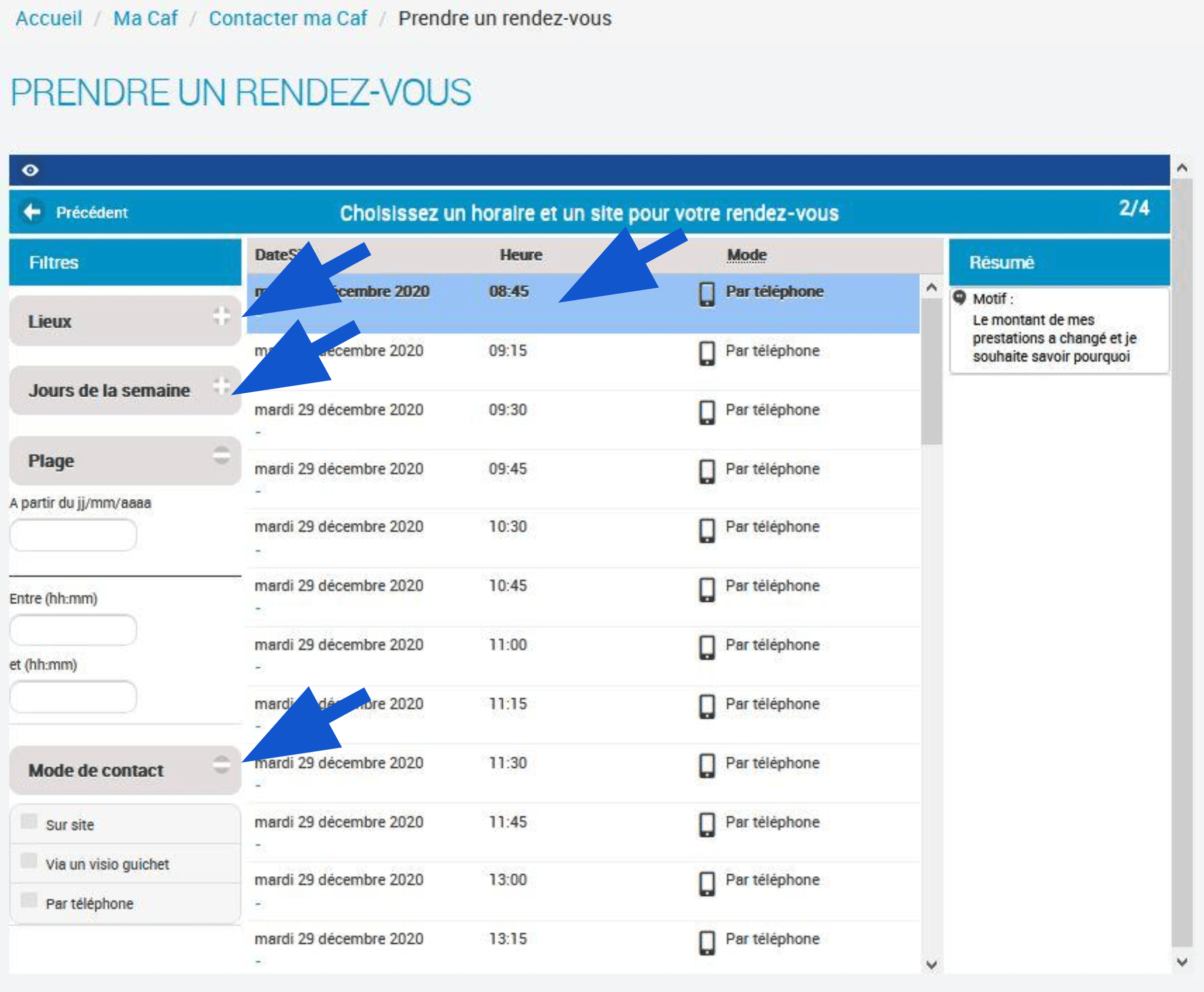 Choix de la date et de l'heure du rendez-vous