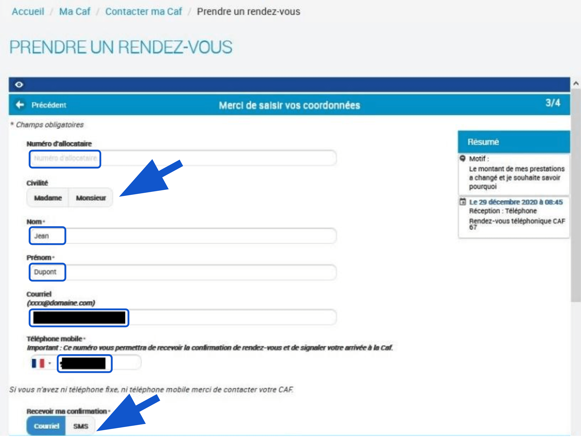 Formulaire de renseignement de coordonnées