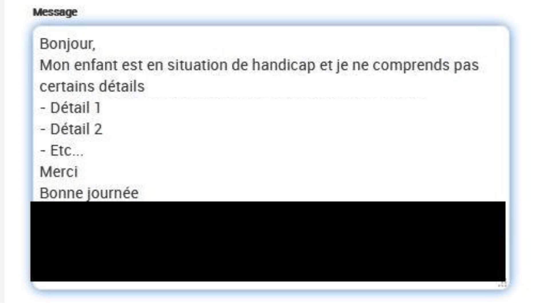 Message libre pour préciser sa demande