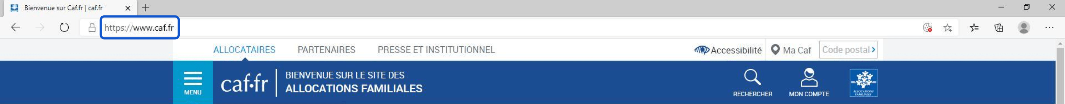Barre d'URL du navigateur internet renseignée avec le nom du site internet de la CAF https://www.caf.fr