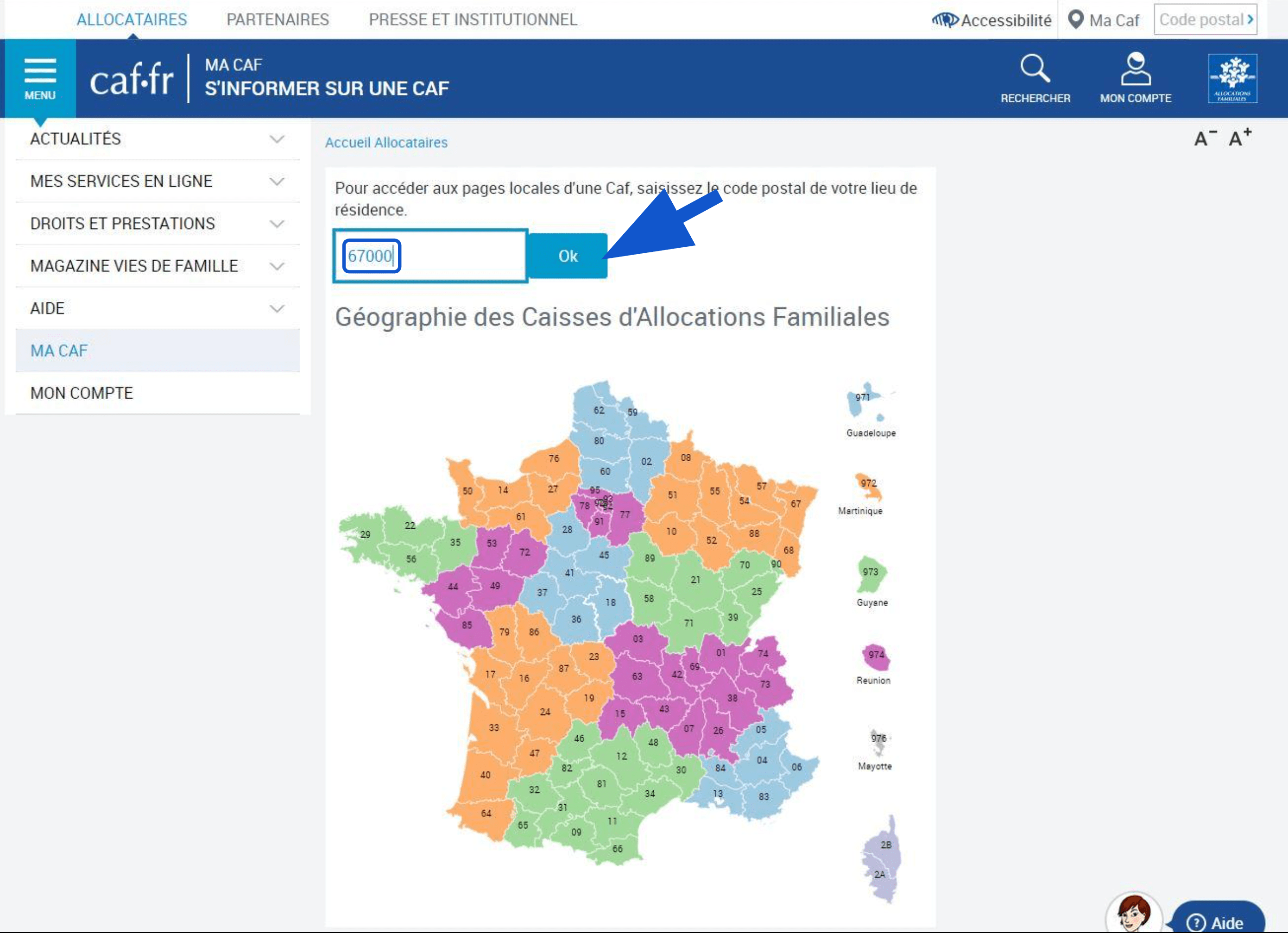 Champ à renseigner avec son département et bouton OK pour valider