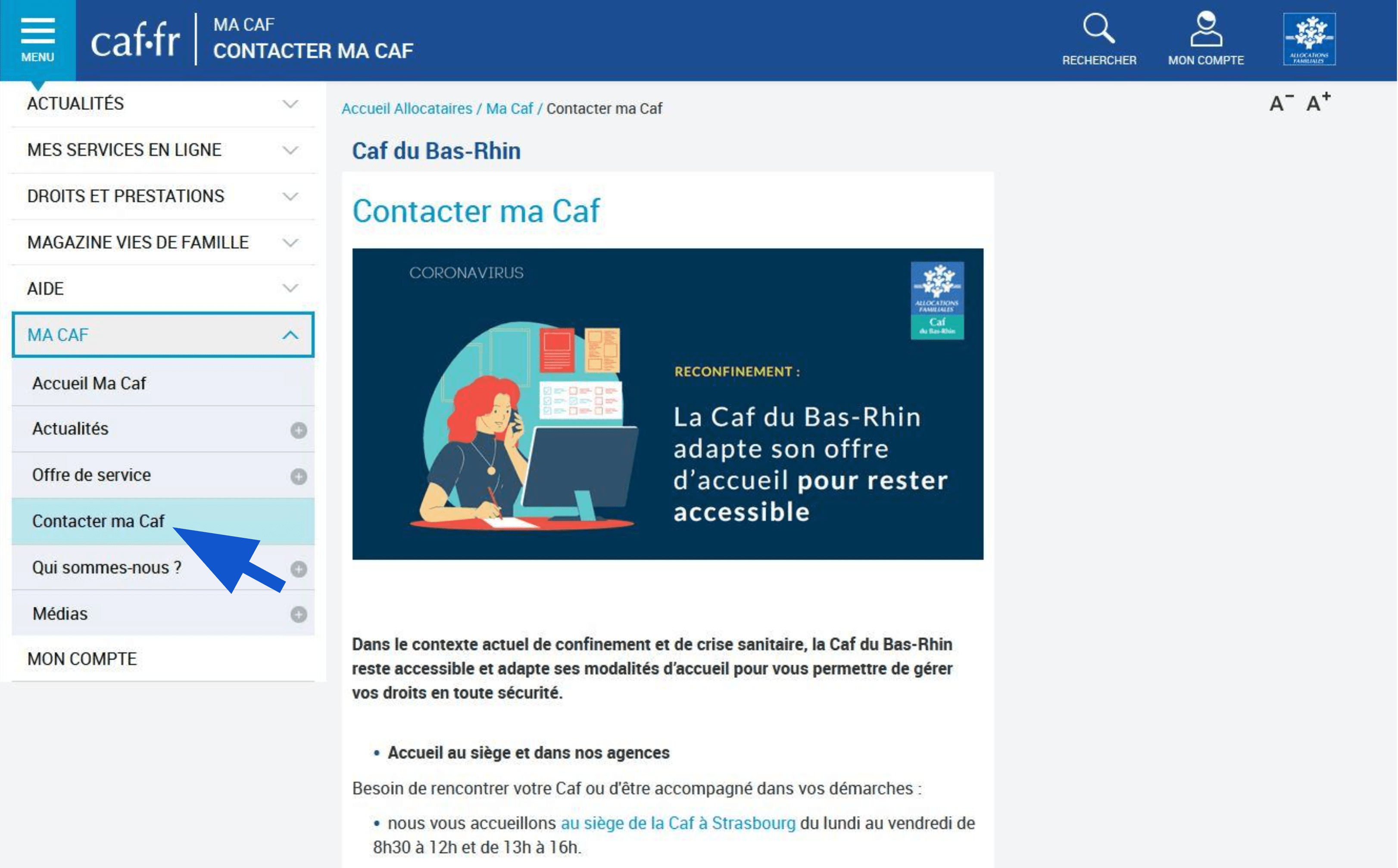 Sélection de la rubrique Contacter ma CAF dans le menu MA CAF situé dans le menu déroulant sur la gauche de la fenêtre