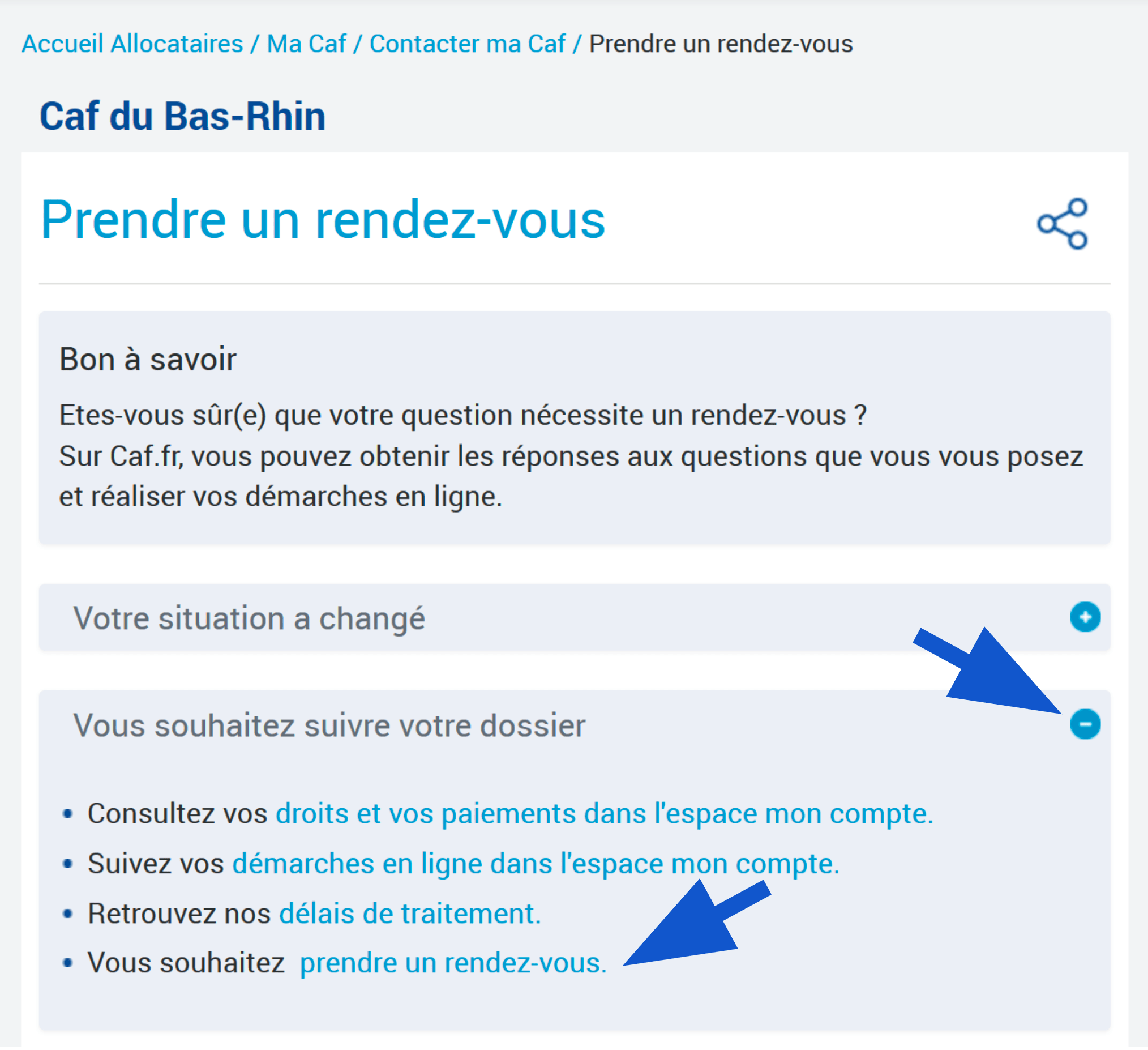 Bouton + bleu pour développer fenêtre déroulante afin d'accéder au lien pour prendre un rendez-vous