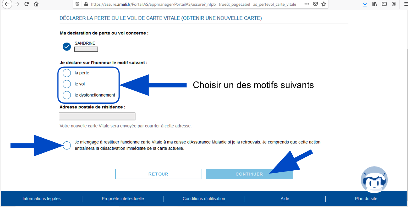 Spécifier le motif du renouvellement de la carte vitale