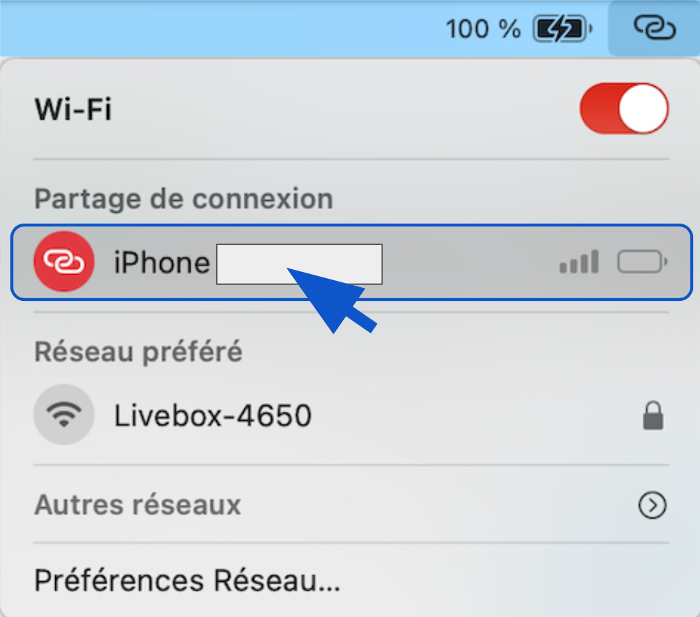 Sélection du réseau Wi-Fi pour le partage de connexion internet