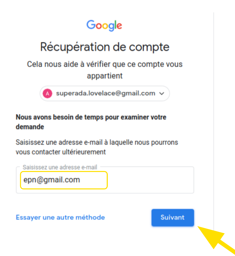 Champ pour saisir l'adresse mail de récupération