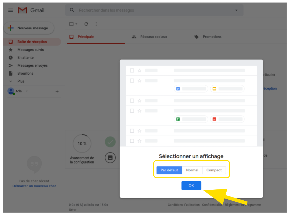 Fenêtre pour choisir le mode d'affichage de votre boîte Gmail