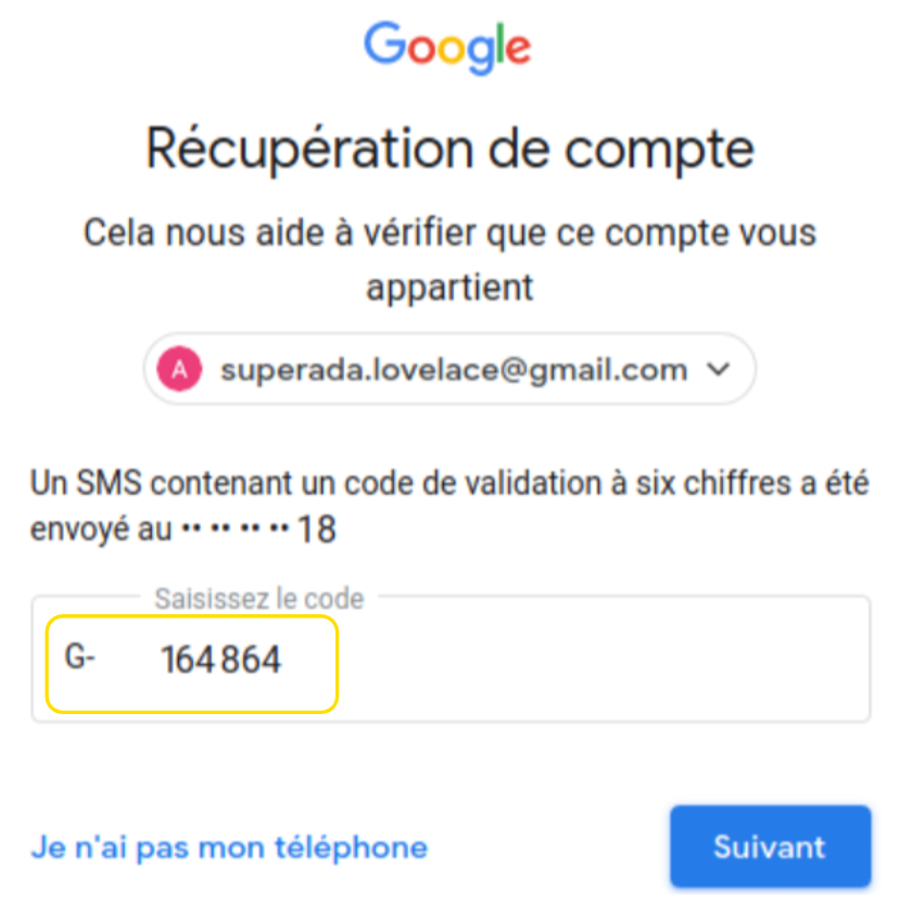 Champ pour saisir le code de récupération