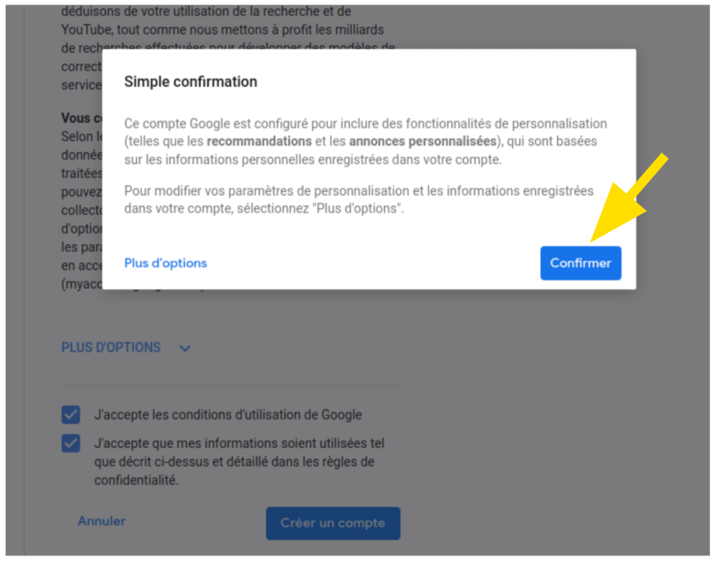 Boîte de dialogue pour confirmer les fonctionnalités de personnalisation Google