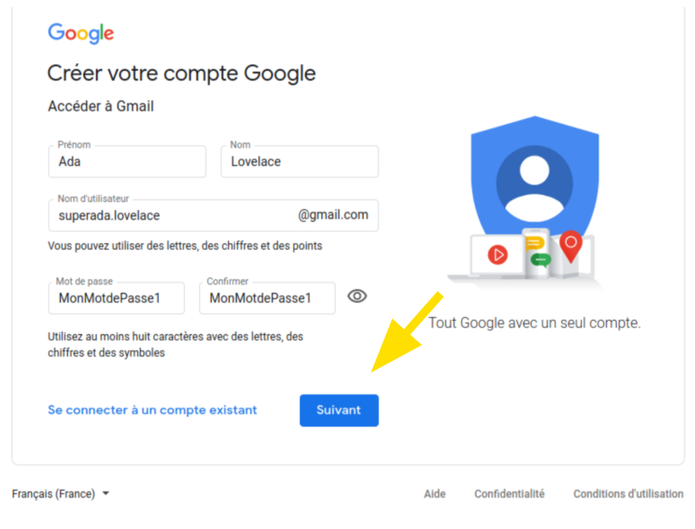 Formulaire à remplir pour créer une adresse Gmail