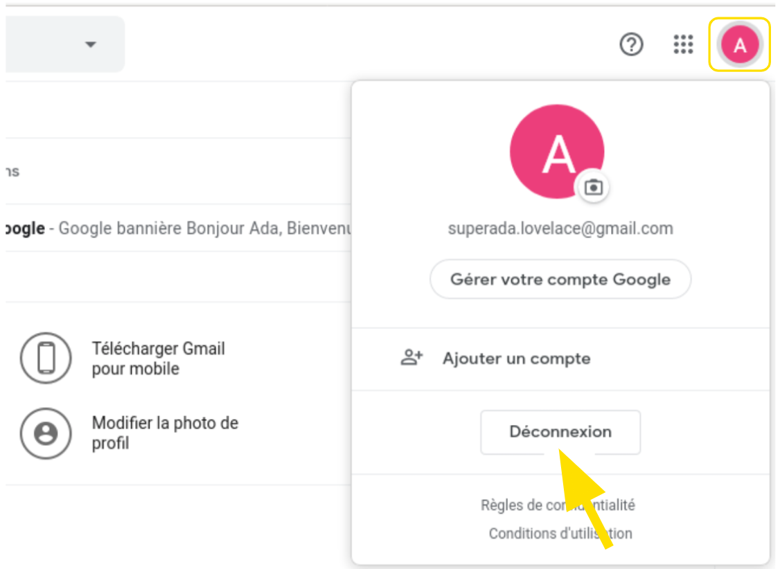 Bouton de déconnexion de son compte Gmail