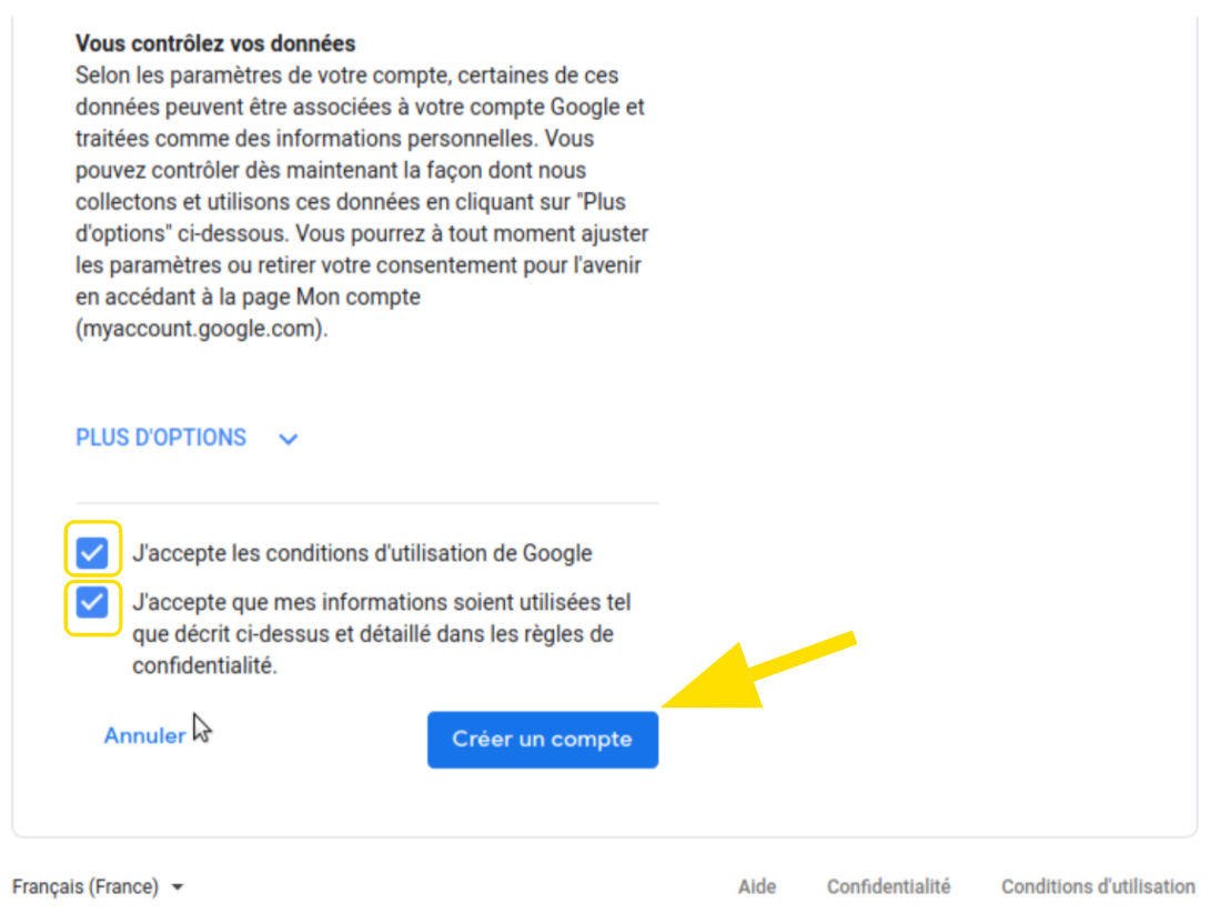 Fenêtre pour accepter les conditions d'utilisation et finaliser la création du compte Gmail