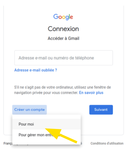 Formulaire de création de compte Gmail