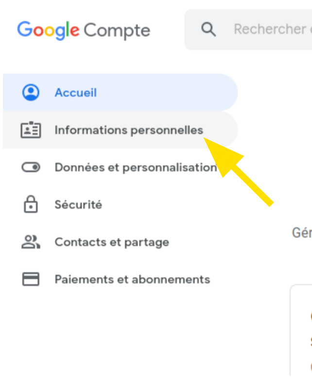 Rubrique pour accéder aux options des informations personnelles