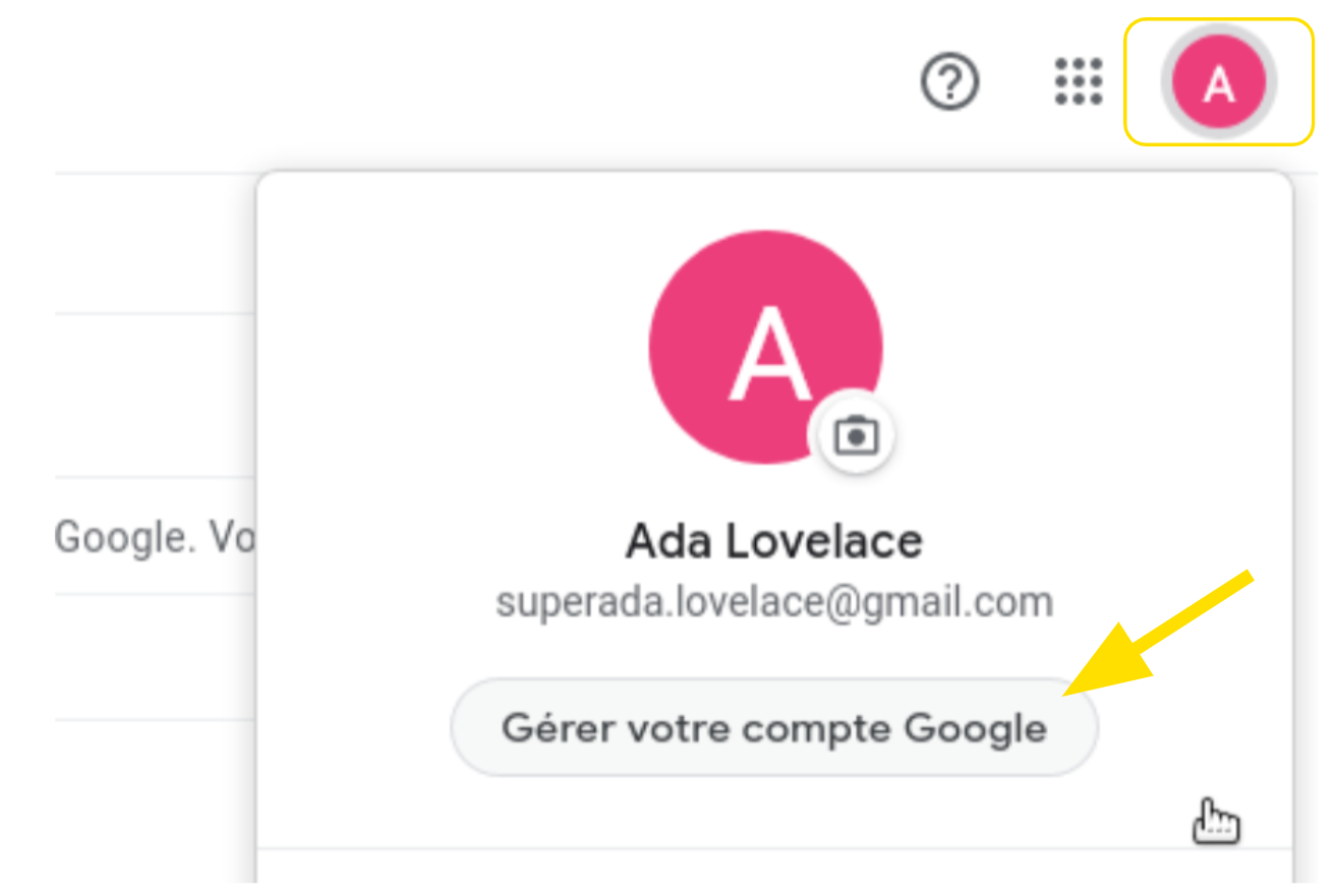 Bouton pour accéder à la gestion de son compte Gmail