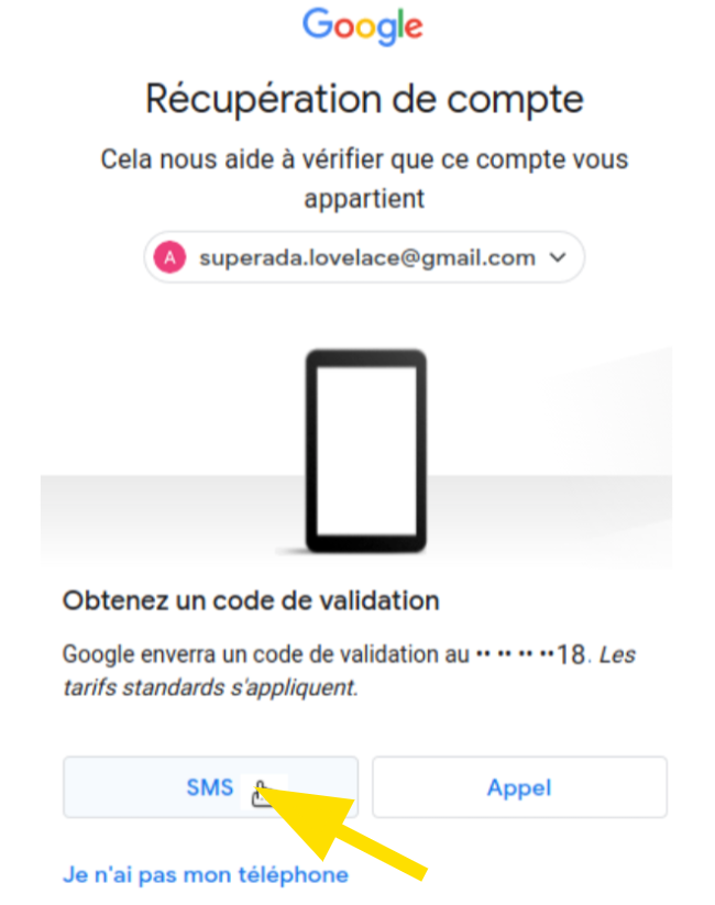 Boîte de dialogue pour envoi du code par SMS ou par appel