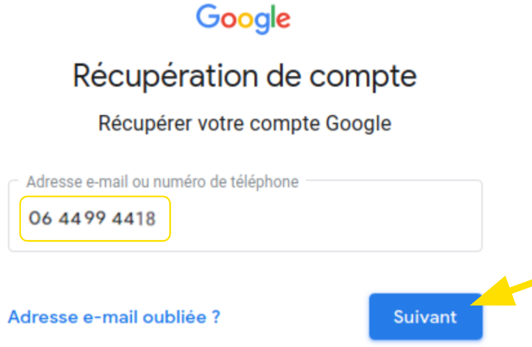 Champ pour renseigner le numéro de téléphone pour le code de récupération