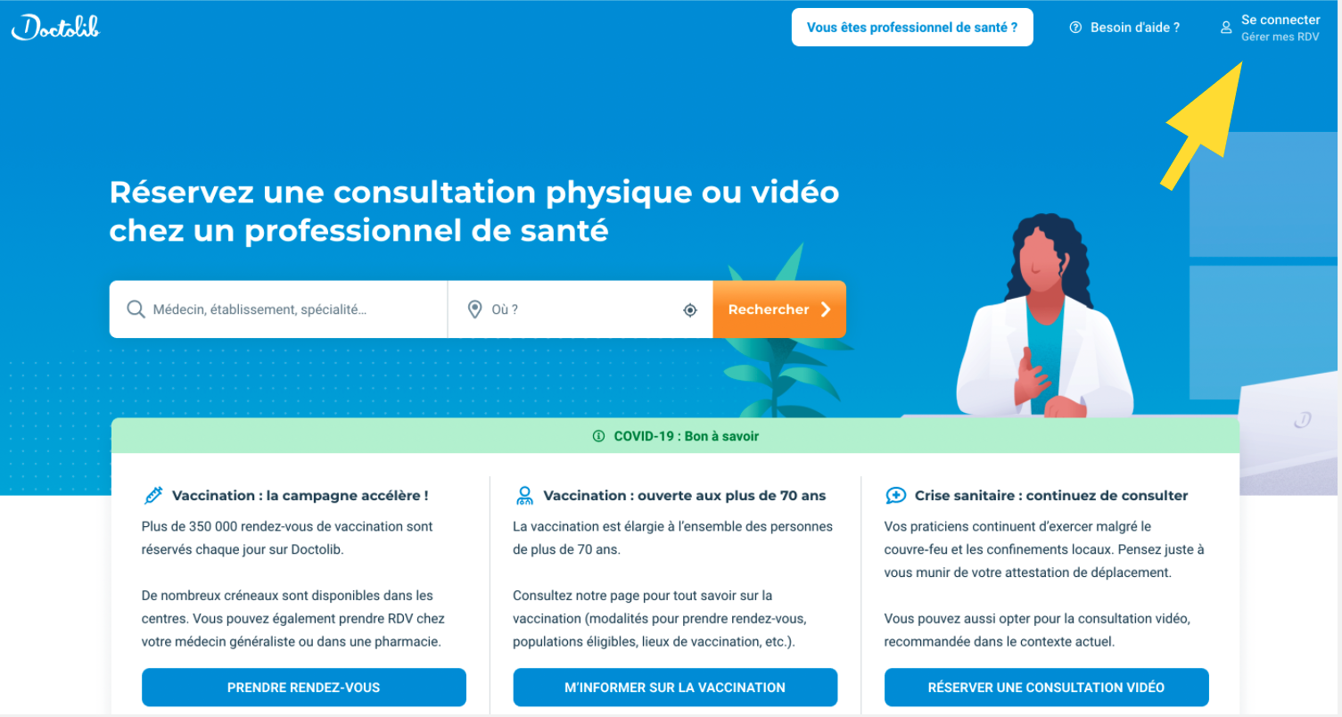 Onglet pour se connecter à son compte Doctolib