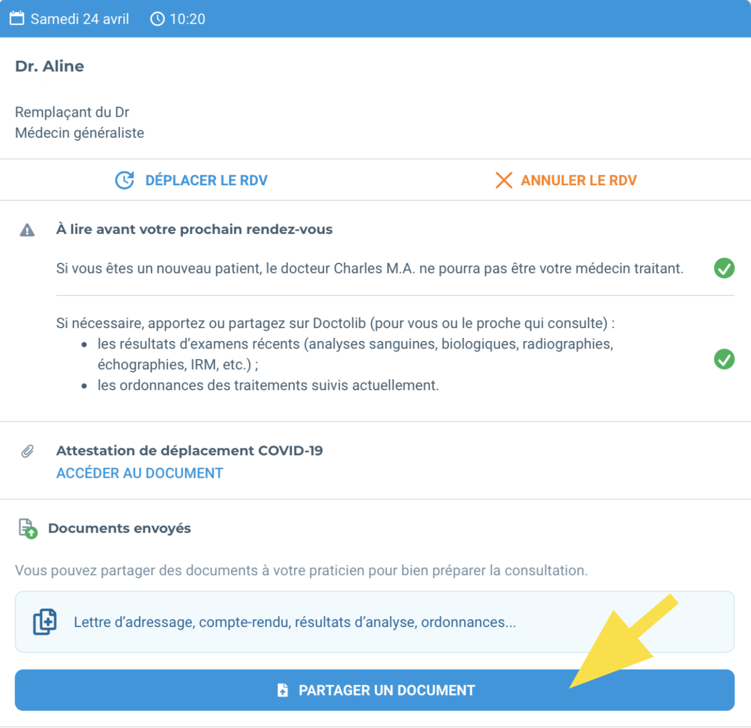 Bouton pour sélectionnez le rendez-vous et cliquez sur partager un document 