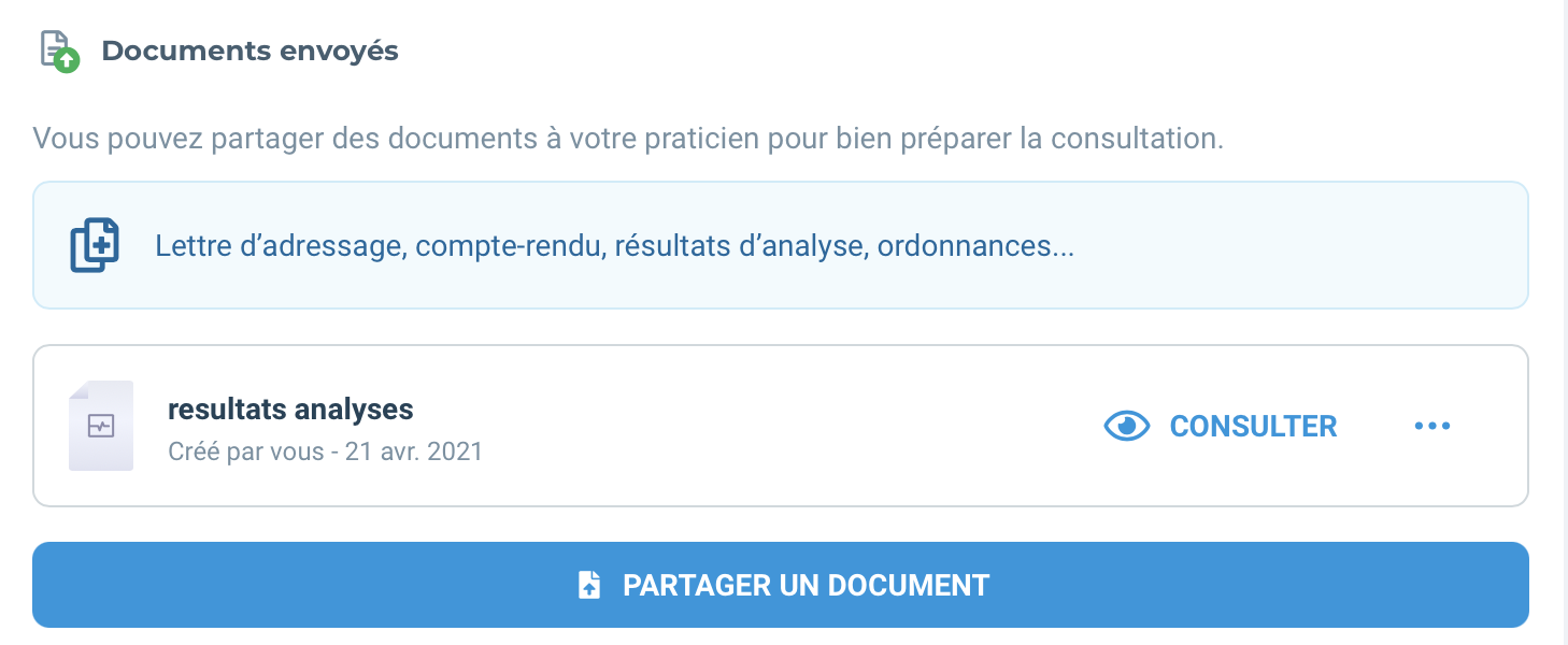 Page où les documents s'affichent : votre praticien peut les consulter.