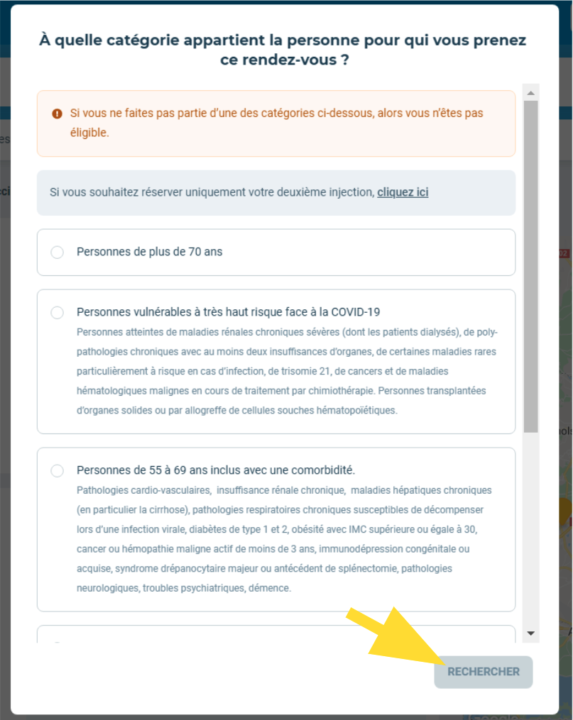 Choix de la catégorie pour la vaccination