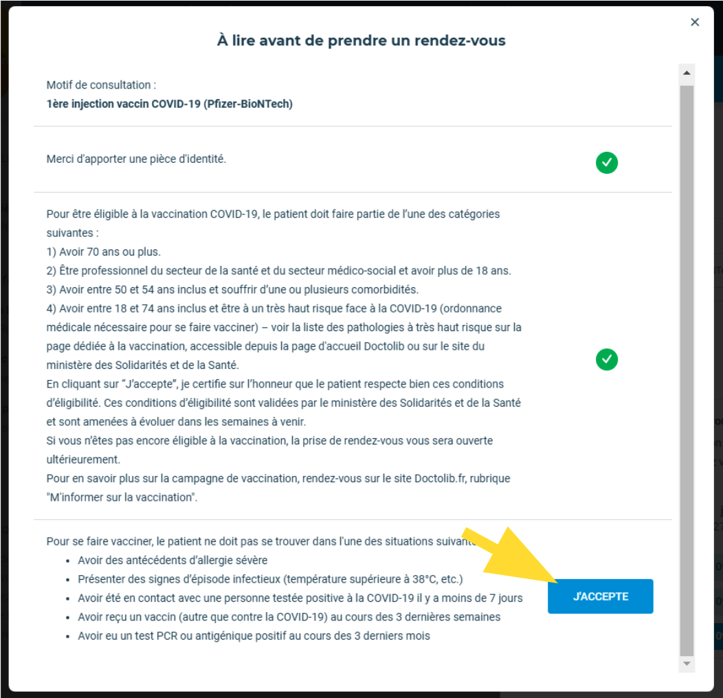 Accepter les conditions pour valider le rendez-vous