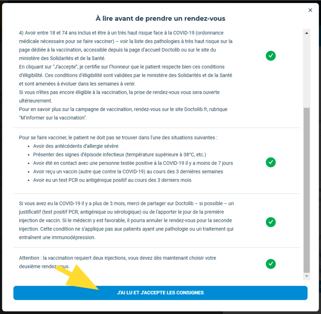 Cliquez sur j'ai lu et j'accepte les consignes