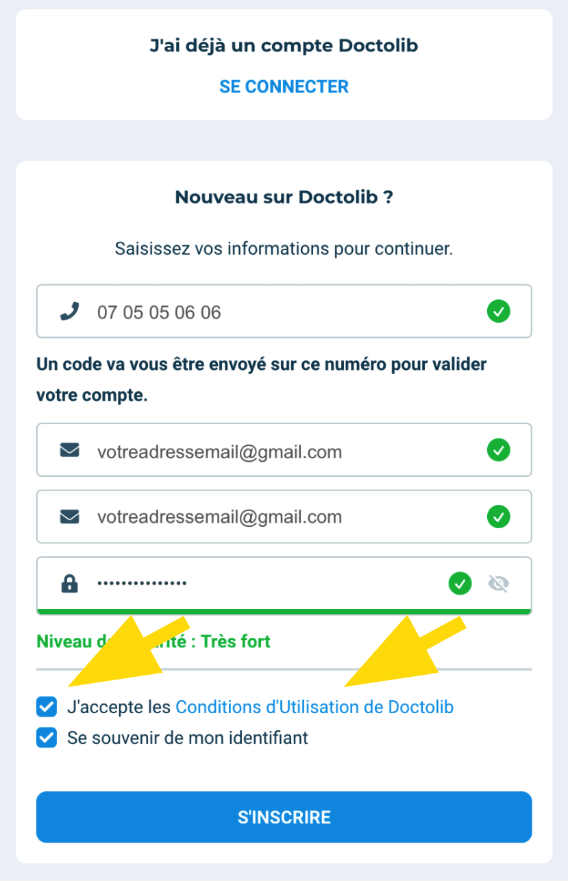 Case à cocher pour acceptation conditions générales Doctolib et bouton pour valider l'inscription