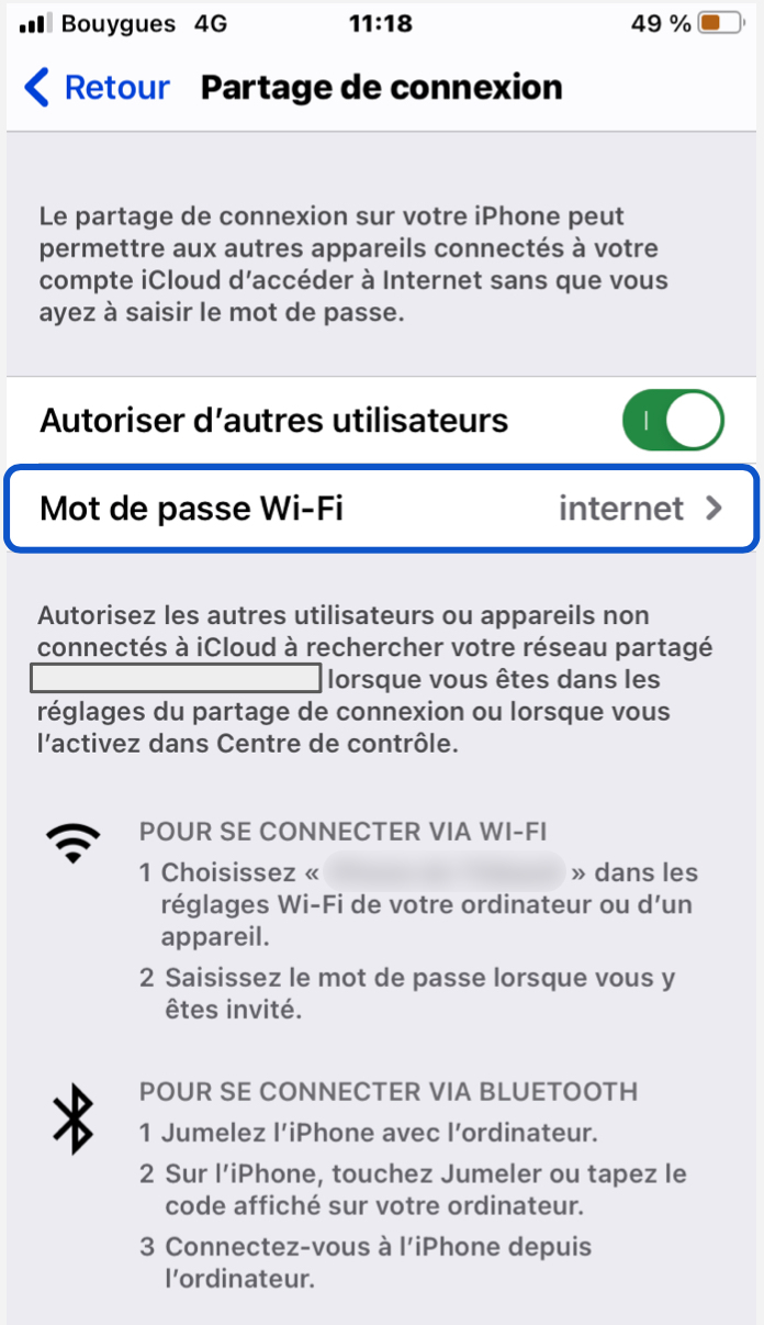 Mot de passe pour activer le partage de connexion via le Wi-Fi